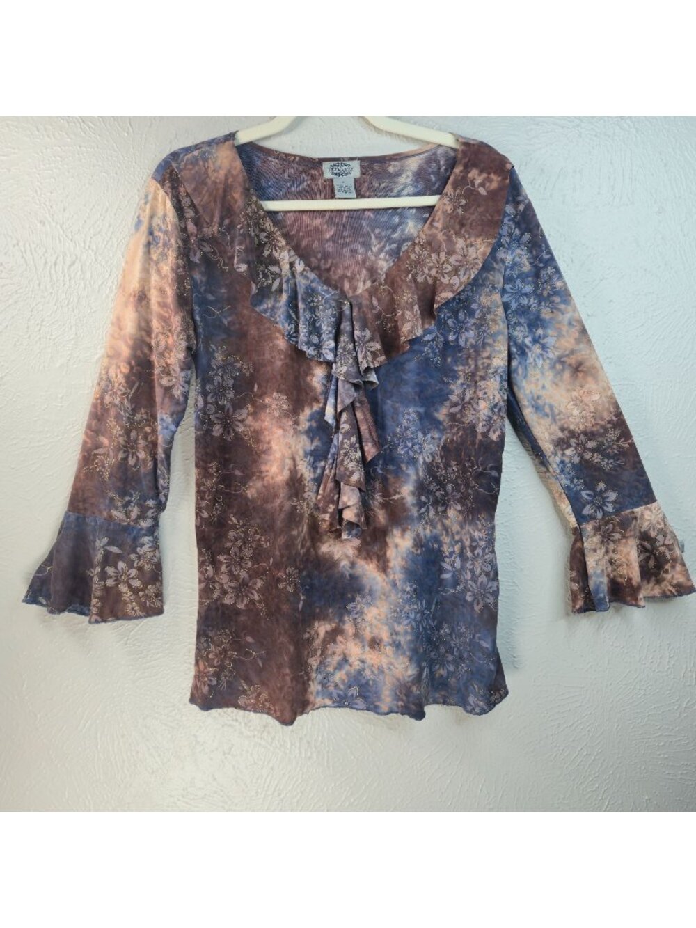 Y2k Fairy Blouse Top M Brown Blue Glitter Bell Sleeve Ruffle Whimsical Shirt